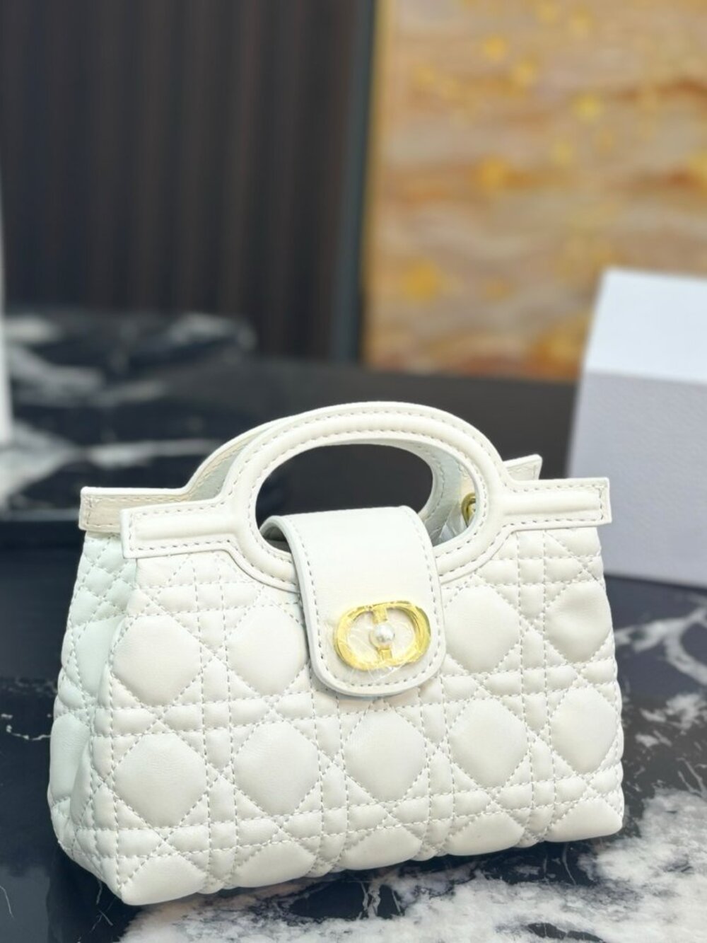Dior Jolie Mini Top Handle Bag White Cannage Quilted Pearl Chain Crossbody - Picture 2 of 9
